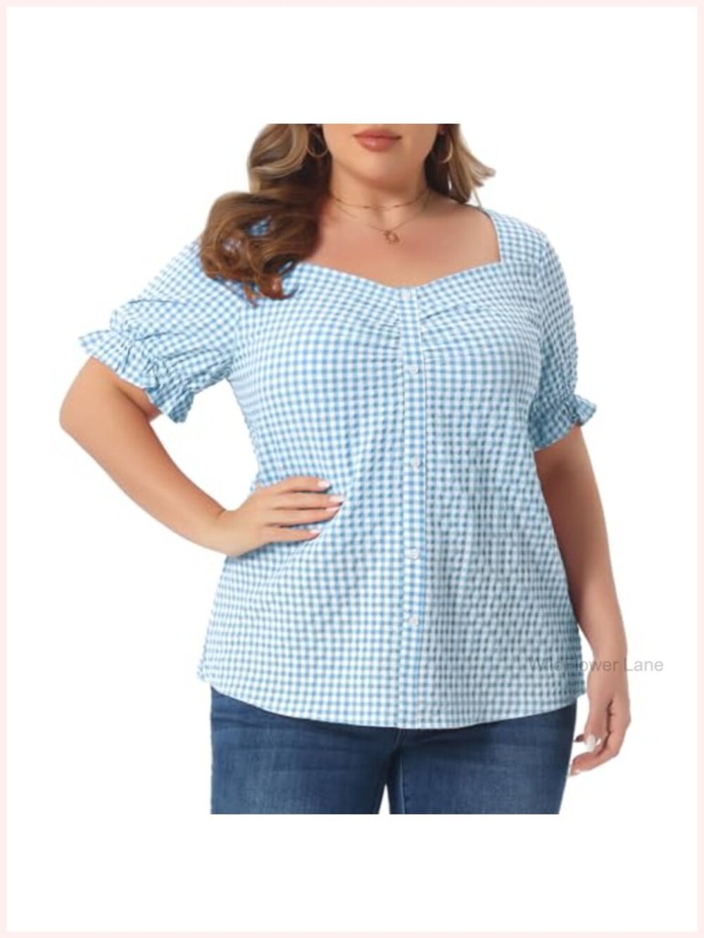 Women's Plus Size Gingham Blouse 1950s Sweetheart Neck Flounce Sleeve Summer Top